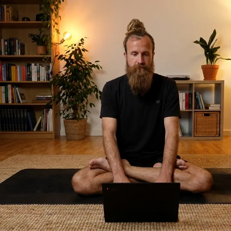 Alex meditiert vor dem Laptop